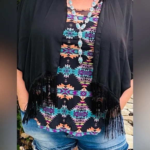 L&B Apparel Festival Fringe Cardi - Black - Picture 2 of 4